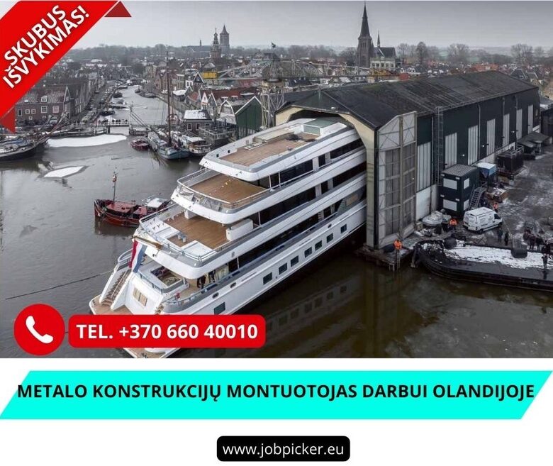 Metalo konstrukcijų montuotojas jachtų statykloje Olandijoje
