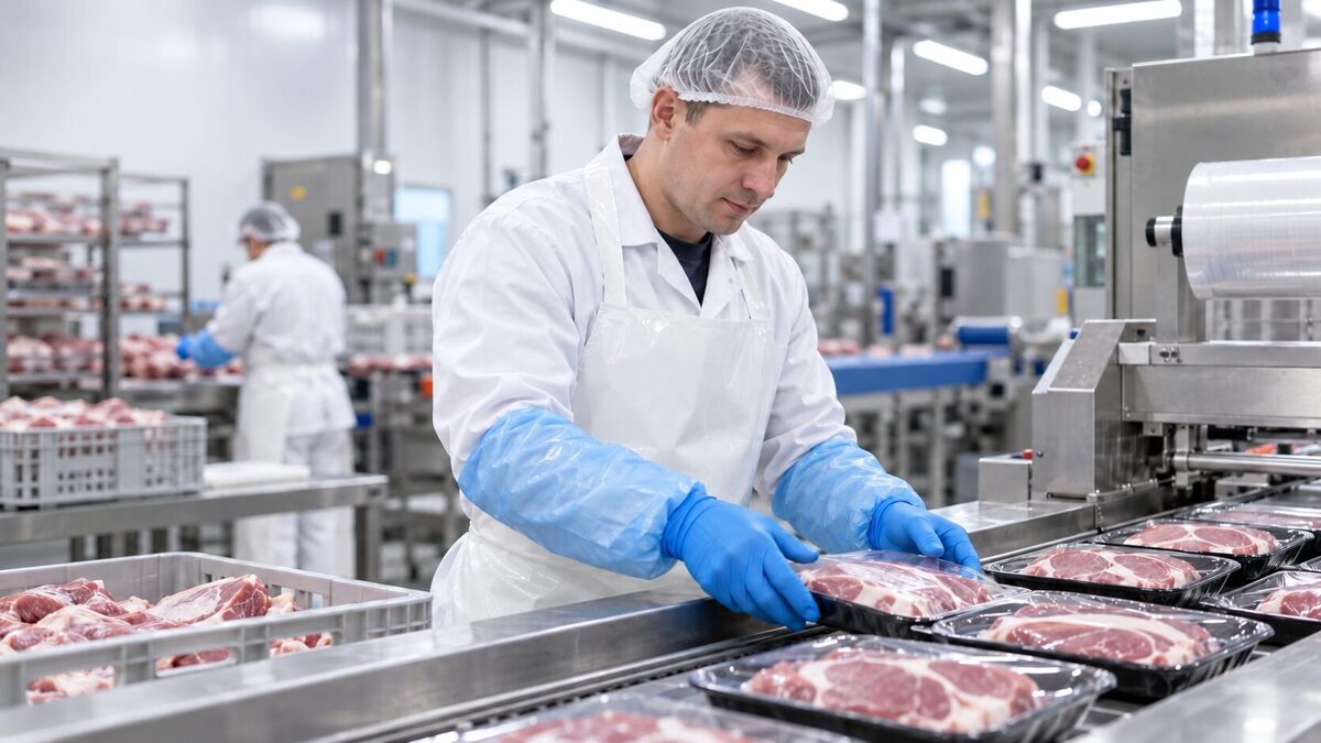 Cūkgaļas fasēšanas darbinieks kautuvē – Zevenaar / Kleve, Nīderlande