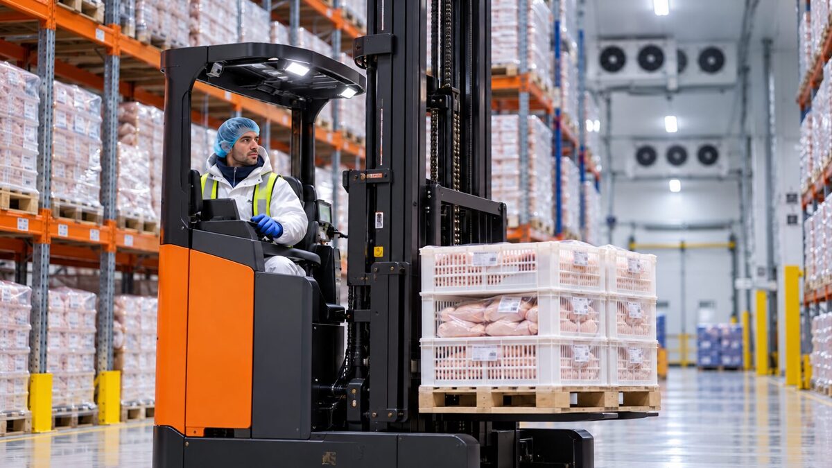 Iekrāvēja / reachtruck vadītājs vistu kautuvē – Zevenaar / Kleve, Nīderlande