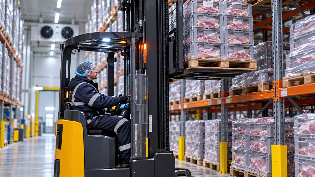 Iekrāvēja / reachtruck vadītājs cūku kautuvē – Zevenaar / Kleve, Nīderlande