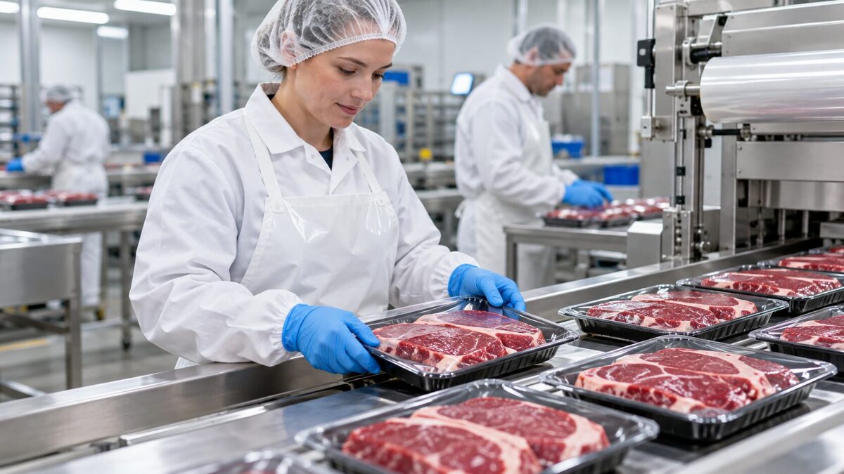 Pracownik pakowania wołowiny w rzeźni – Zevenaar / Kleve, Holandia